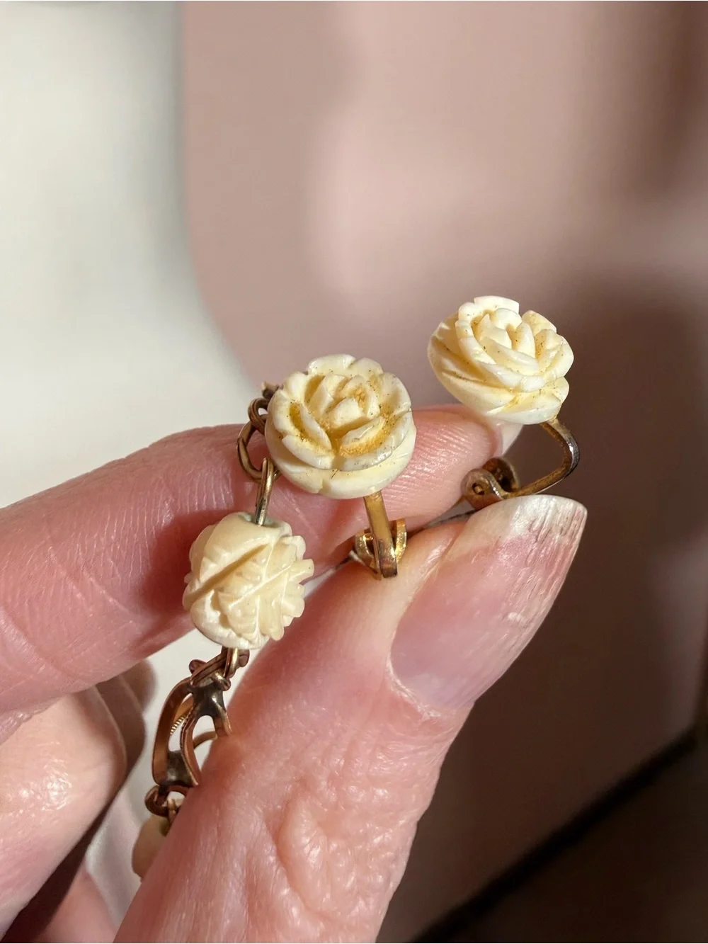 Vintage 1/20 12K GF gold cream flower delicate coquette bracelet earring set